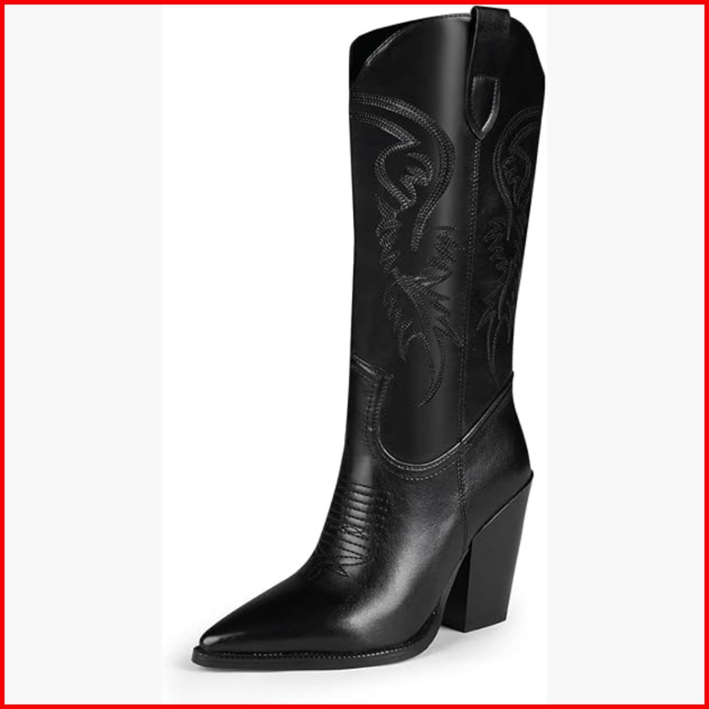 Pointed Toe Chunky Heel Western Boots, Mid-Calf, Faux Leather